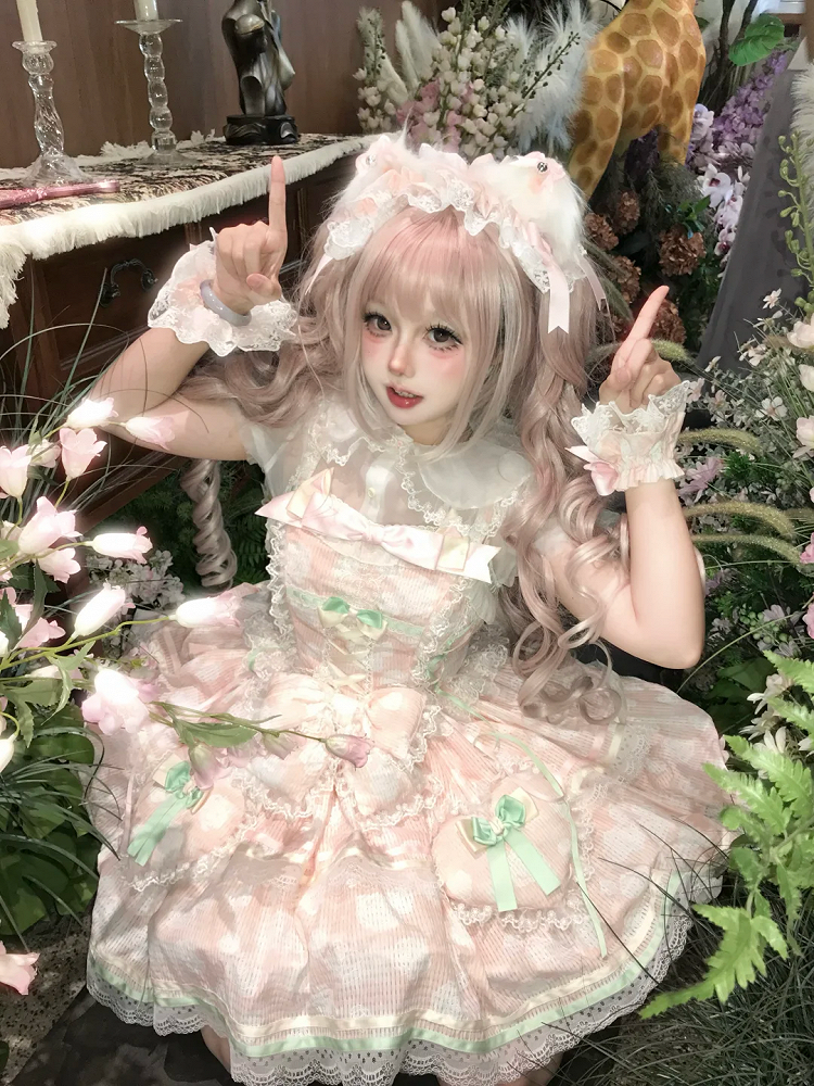 Fabric and Jumper Skirt Heart Rosette Lolita Pink Padded Bow Decoration