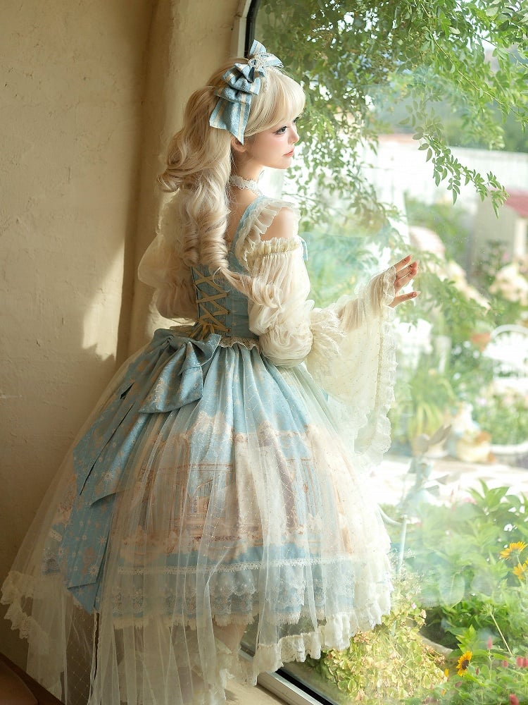 Print Full Lolita Set Classic Elegant Unicorn Blue Dress JSK
