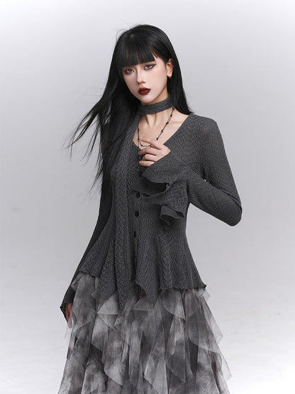 Hem Gray Knit Irregular Strap Gothic Sleeve Button-Down Cardigan with Neck