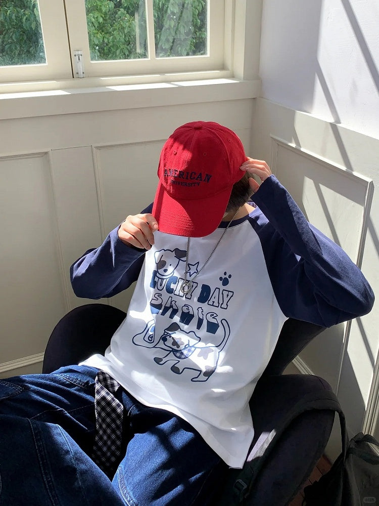 トップス ホワイト/ブルー カラーブロックデザイン 愛らしい子犬プリント ルーズ