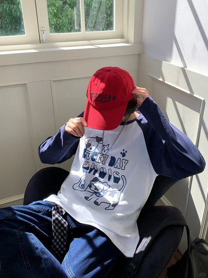 トップス ホワイト/ブルー カラーブロックデザイン 愛らしい子犬プリント ルーズ