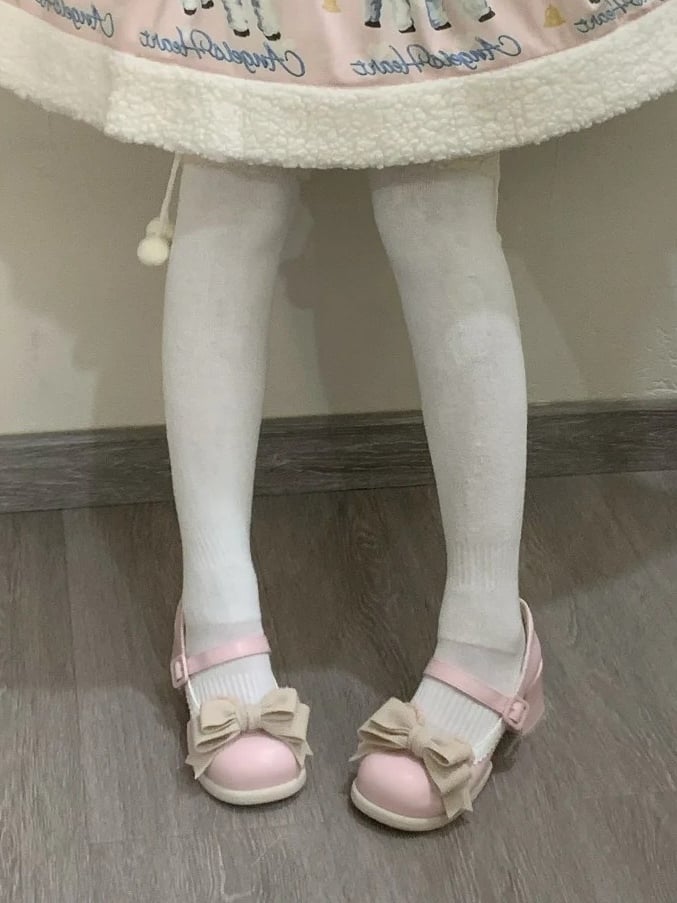 Pink Low/Mid Edge Mary Ear Light Bear Detachable Sweet - Scalloped Heel Bow Janes with Lolita