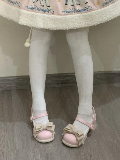 Pink Low/Mid Edge Mary Ear Light Bear Detachable Sweet - Scalloped Heel Bow Janes with Lolita