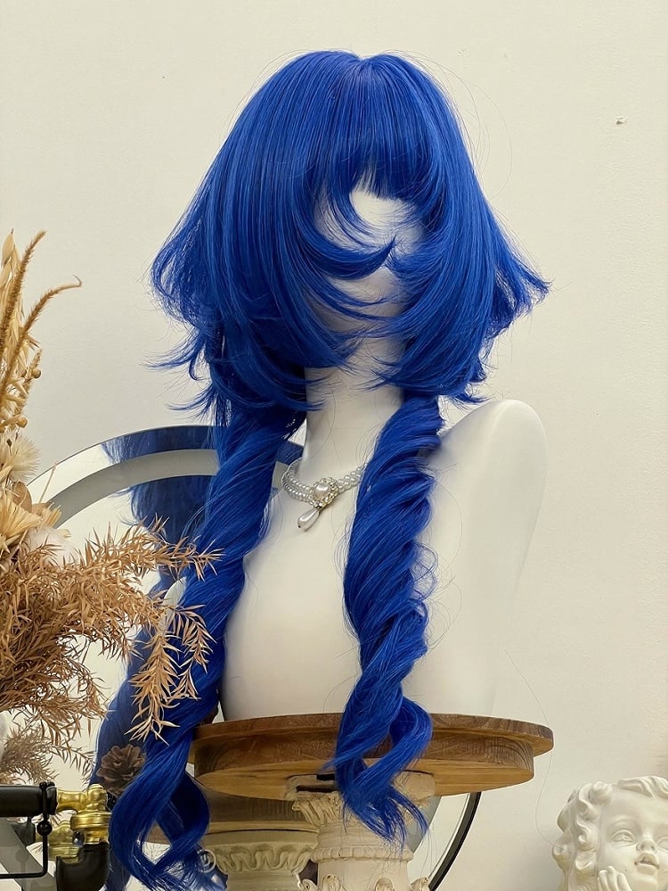 Gothic Blue Long Curly Wig with Full Bangs 72cm - Alice Garden