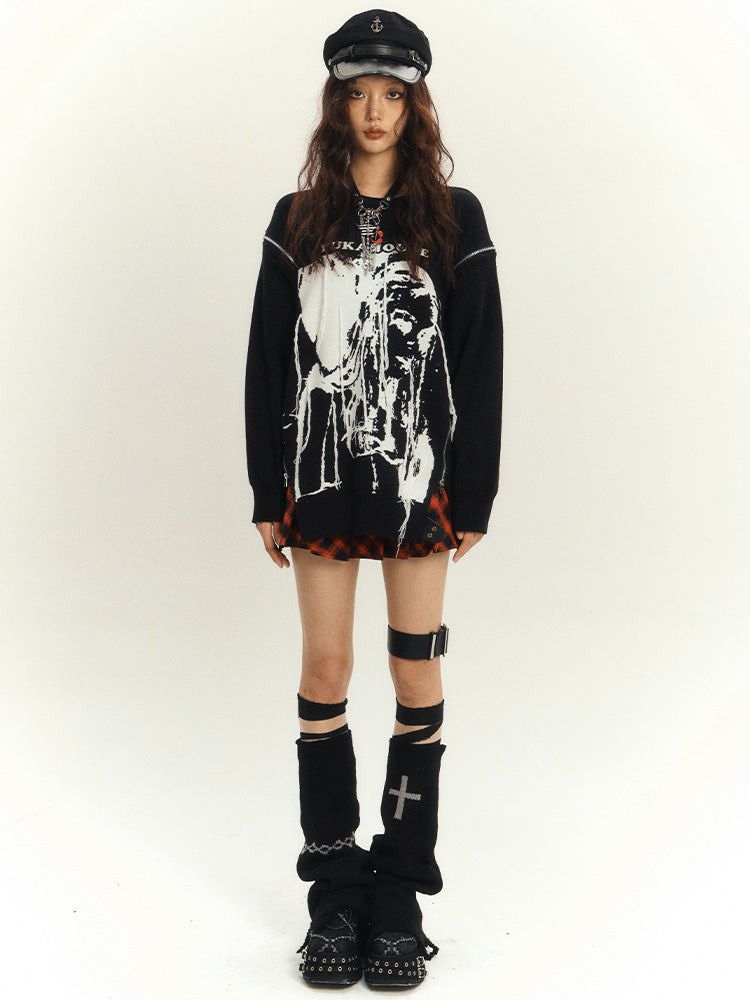 Reißverschlüsse Schwarzer lockerer Rock-Ausschnitt-Design-Punk-Rundpullover