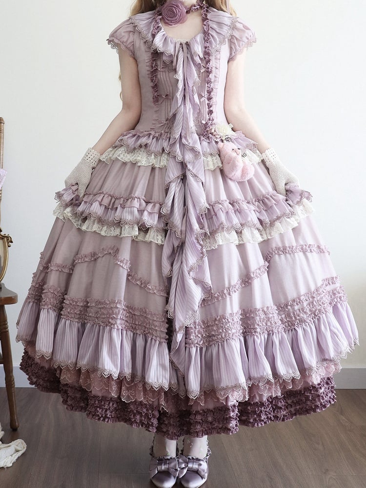 Placket Lolita Cascading Ruffle Front Light Straps Pink Self-tie Purple House Dress Style