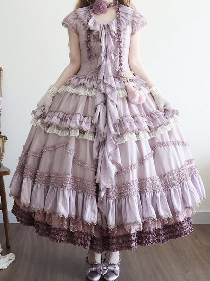 Placket Lolita Cascading Ruffle Front Light Straps Pink Self-tie Purple House Dress Style