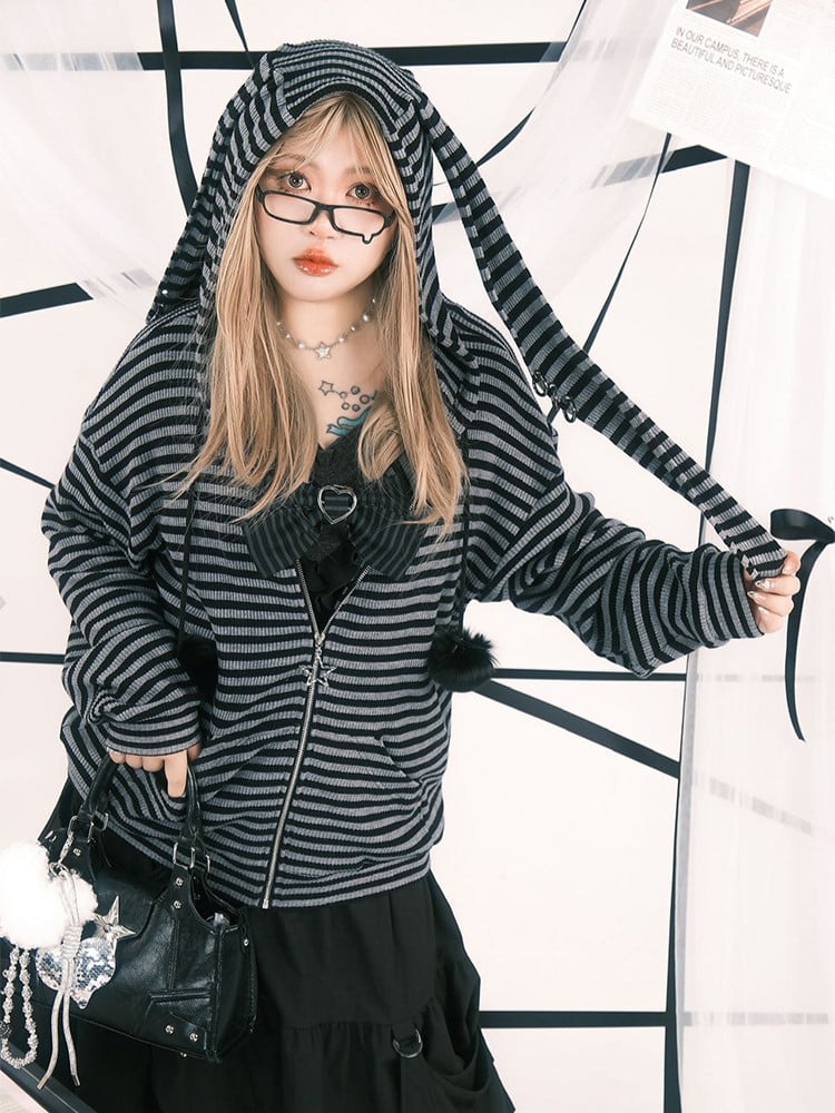 Plus Black Size Drawstrings Pompon Jacket Hoodie Stripes with Bunny Gray