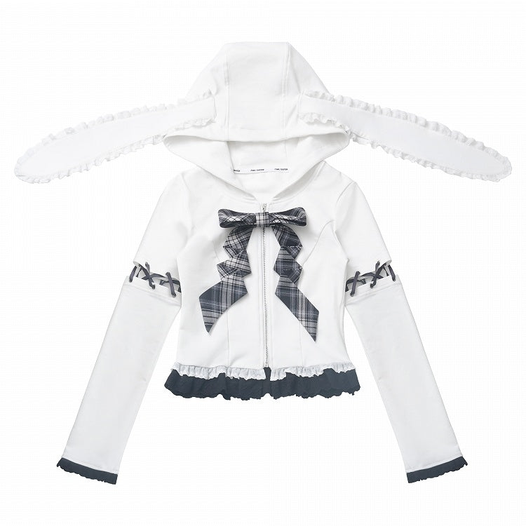 Schnürung, Spitzenbesatz, Hasenohren, weiß/schwarzes Design, Kapuze, Reißverschluss, Kapuzenärmel, abnehmbar