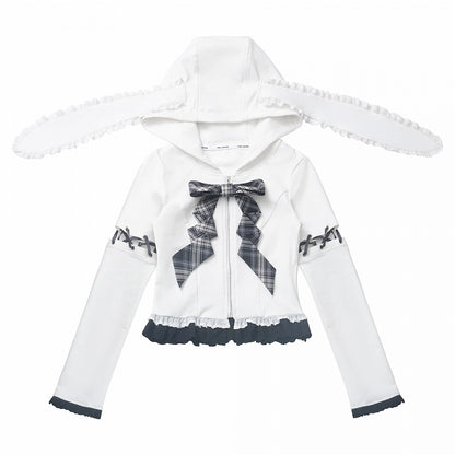 Schnürung, Spitzenbesatz, Hasenohren, weiß/schwarzes Design, Kapuze, Reißverschluss, Kapuzenärmel, abnehmbar