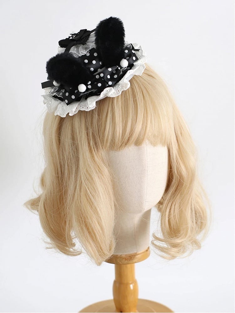 White Pom-Pom Dot Lolita - Bunny Hat Black Design Furry Ear Polka Mini