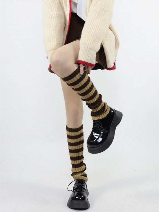 Knit Y2K Yellow Striped Warmers Mid-calf Leg Brown 45cm Style