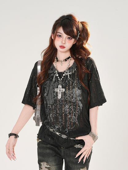 ホワイト/ブラックホール レースアップネックライン クロスアップリケ ダメージ加工