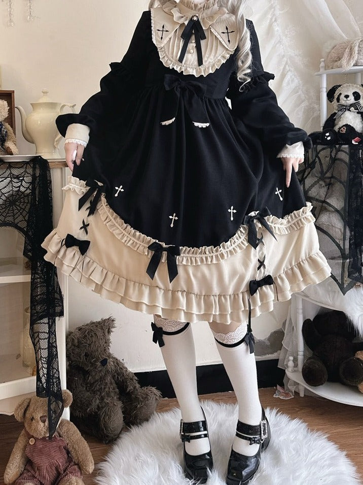 Plus Size Classic Gothic Lolita Long Sleeve Dress with Cross Embroidery & Bowknot Details - Versatile girl