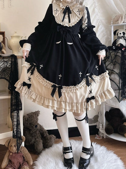 Plus Size Classic Gothic Lolita Long Sleeve Dress with Cross Embroidery & Bowknot Details - Versatile girl