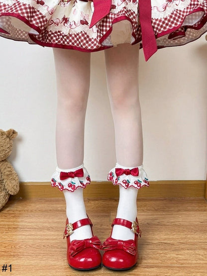 Two-Option Bow Ankle Socks in Red and White with Cherry Pattern - Fat Bear Story