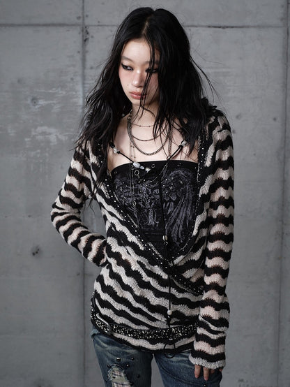 White with Vintage Set Deconstructed Fur Design Bustier Black Striped Top Faux Knit