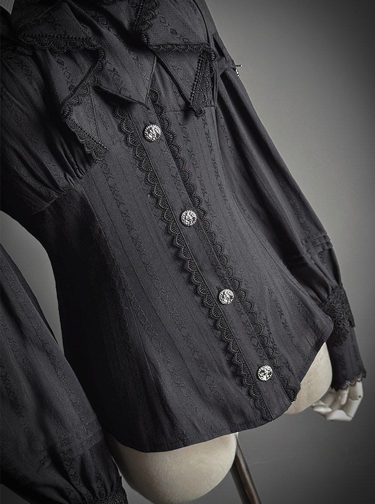 Lace Blouse Neckline Black with Tie Long-sleeved and Bow Ruffled Lolita Details