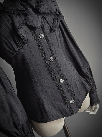 Lace Blouse Neckline Black with Tie Long-sleeved and Bow Ruffled Lolita Details