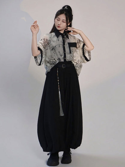 Beige Ink Wash Floral Short Sleeve Tencel Shirt and Camisole Set - Feng Hua Gui Guo Ling