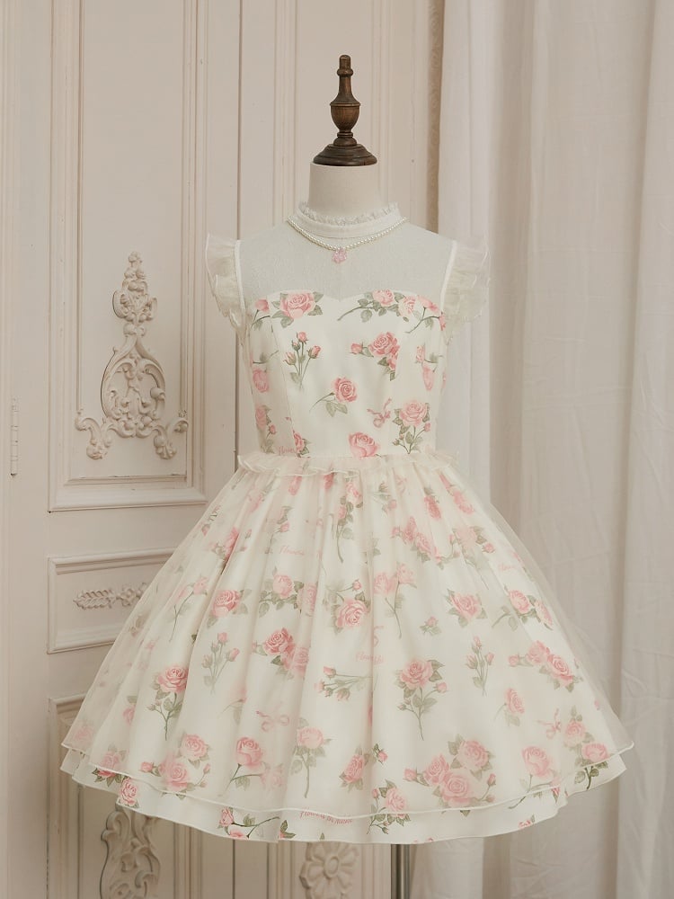 Kleid Rosa Print Rosette Weiß Illusion Lolita Sommer Ausschnitt