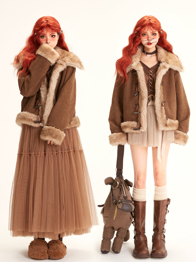 Fashion Toggle Front Coat Khaki Suede Fur Millard Trim with Faux Short