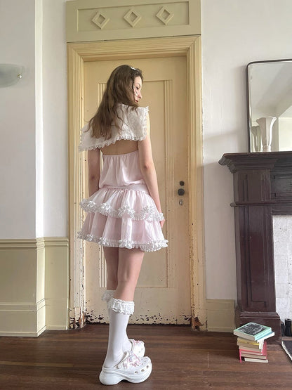 Dress with Bow and Ruffle Trim Waist Pink Tiered Sailor Collar Dropped