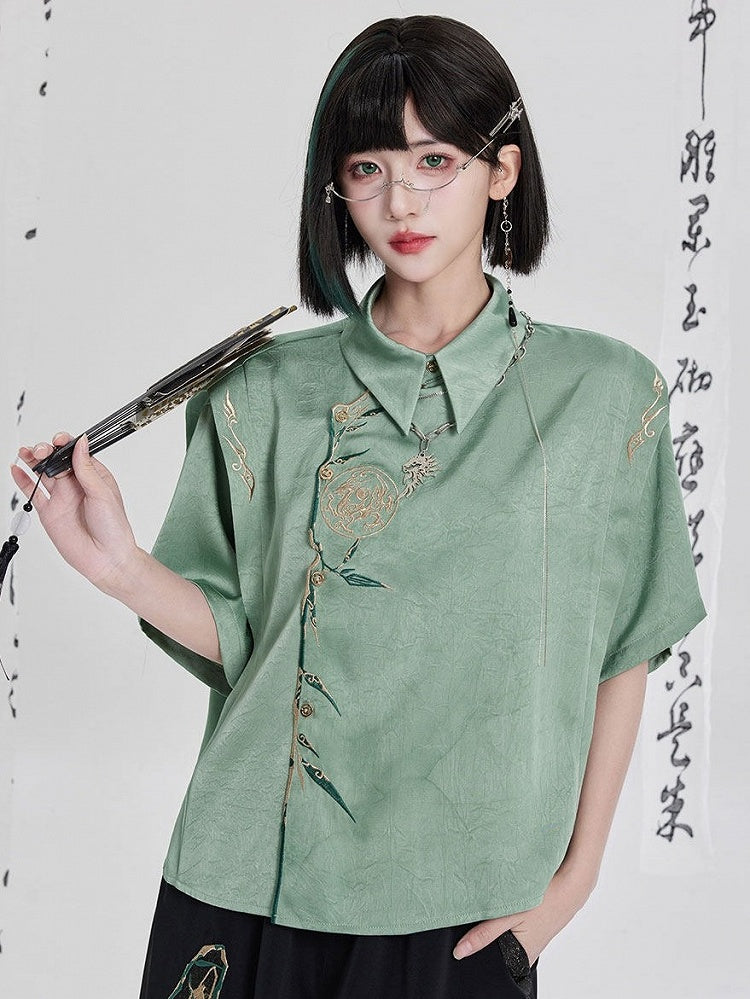 Green Chinese Embroidery Asymmetrical Short-Sleeve Shirt - Qing Tang Original