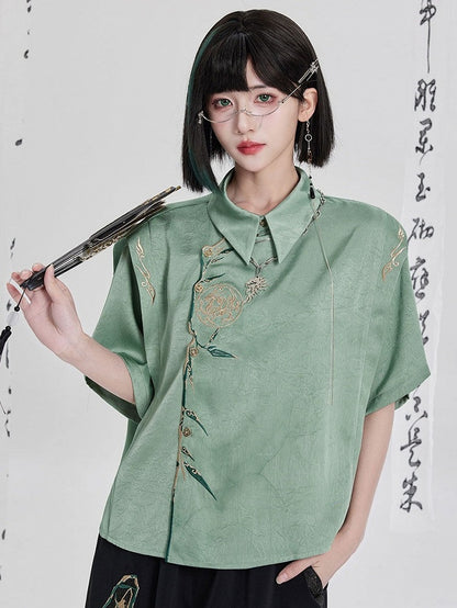 Green Chinese Embroidery Asymmetrical Short-Sleeve Shirt - Qing Tang Original