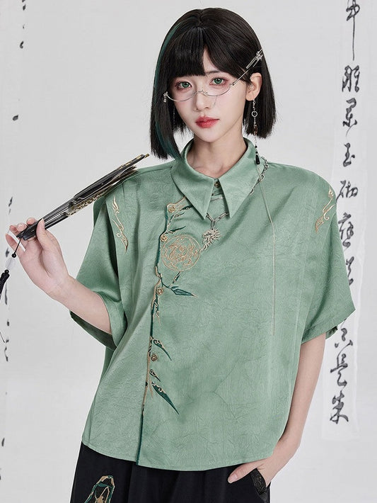Green Chinese Embroidery Asymmetrical Short-Sleeve Shirt - Qing Tang Original