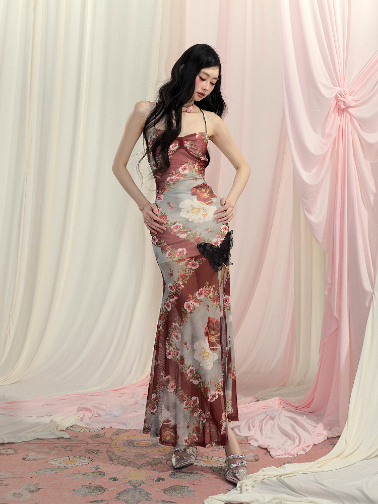 Rock Rostrot Chiffon Neckholder Floral Slip Kleid Schlitz Seite Meerjungfrau Rückenfrei Hals