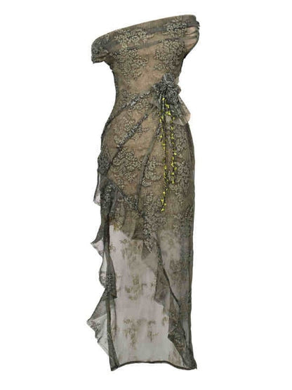 Green Cascading Fairy Forest Dress Neckline Slit Goth Off-the-shoulder Flounce