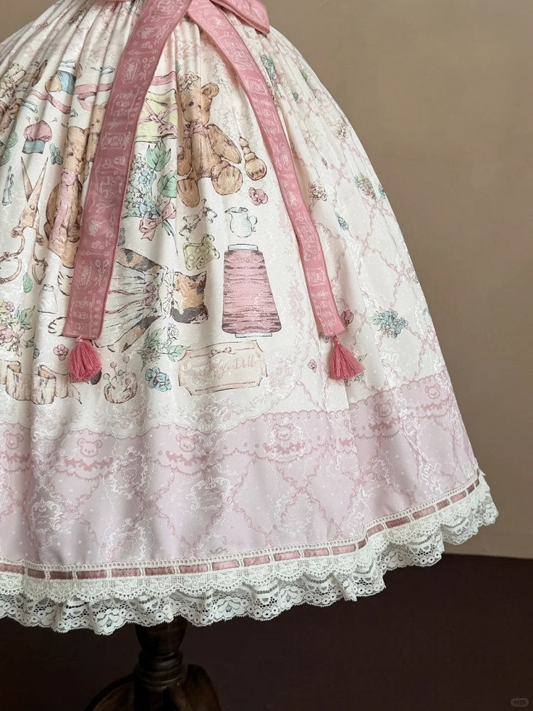 Sweet Lolita JSK Dress Set in Pink with Kawaii Bear Print and Self-Tie Belt - Treasure House