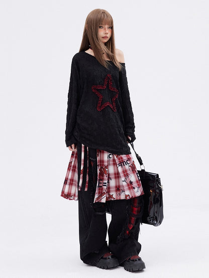 Schwarzes T-Shirt mit langen Ärmeln und Kordelzug und Stern