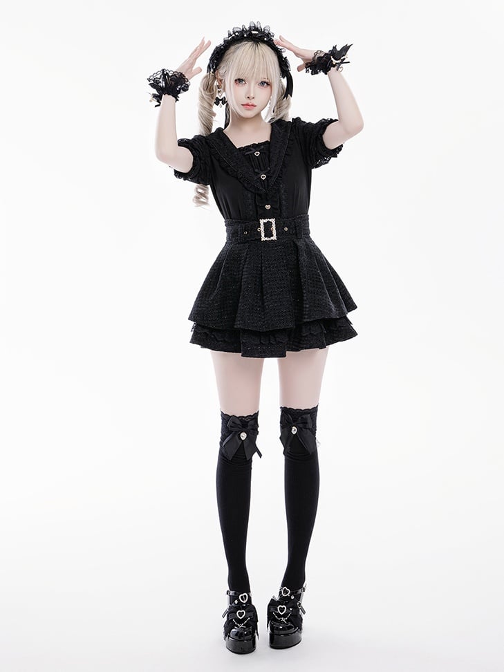Jirai Kei Sailor Collar Black Rhinestone Short Sleeves Blouse Sweetheart Bowknot and Decorations