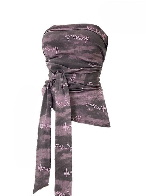 Lila Dye Strap Saum Top Y2K Asymmetrische Bittersüße Tube Selbstbinden Krawatte