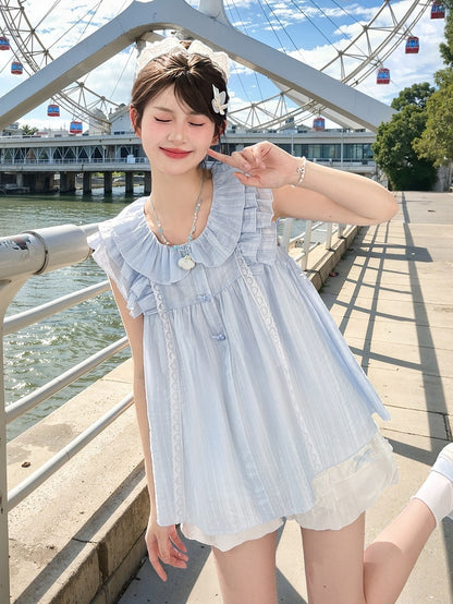 Sweet Tank Top Blue Peter Pan Collar Tiered Flutter Sleeves Bow Buttons