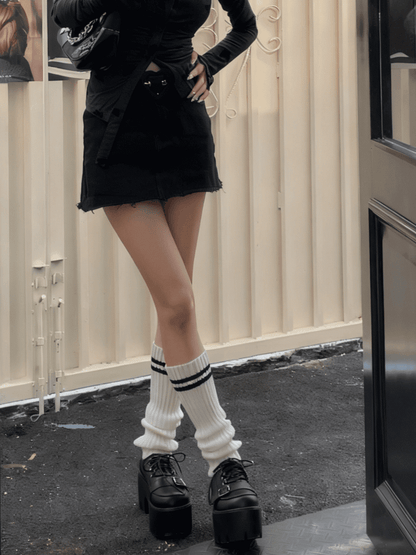Knitted Black/White Warmers Striped Leg Pattern