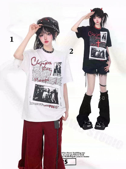 Dark Graphic Print Short-Sleeve Band Tee with Patch - KNOW8 Online Shop