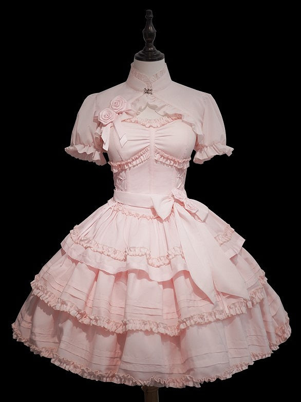 Accents Bolero + Pink Set Dress Flower Top Ruffle Boned Layered Lolita JSK with