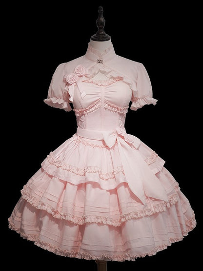 Accents Bolero + Pink Set Dress Flower Top Ruffle Boned Layered Lolita JSK with