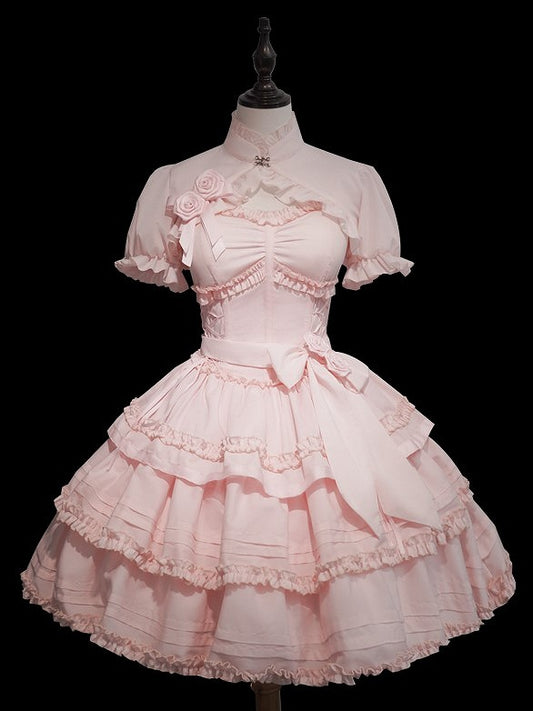 Accents Bolero + Pink Set Dress Flower Top Ruffle Boned Layered Lolita JSK with