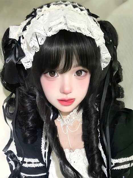 Wigs 48cm Bangs Two + Black Curly With Length Claw Ponytails
