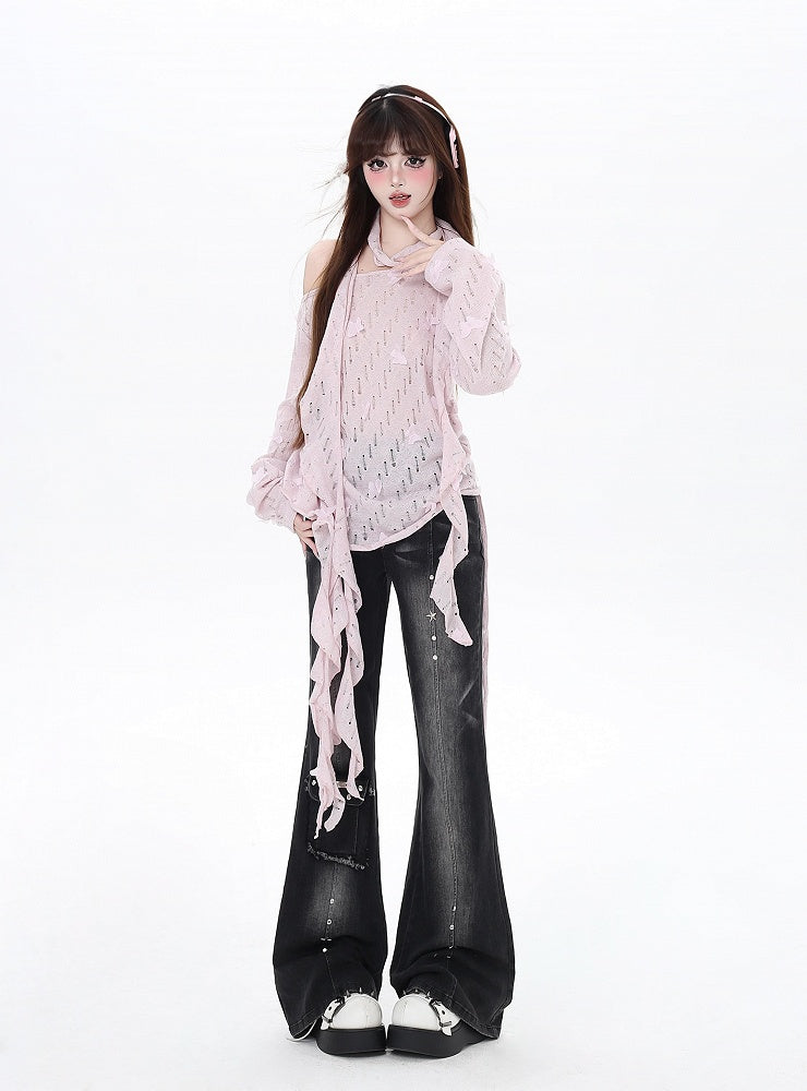 Free Cherry Blossom Pink Asymmetrical Hem Butterfly Coverup Scarf with Accents