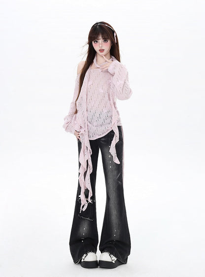 Free Cherry Blossom Pink Asymmetrical Hem Butterfly Coverup Scarf with Accents