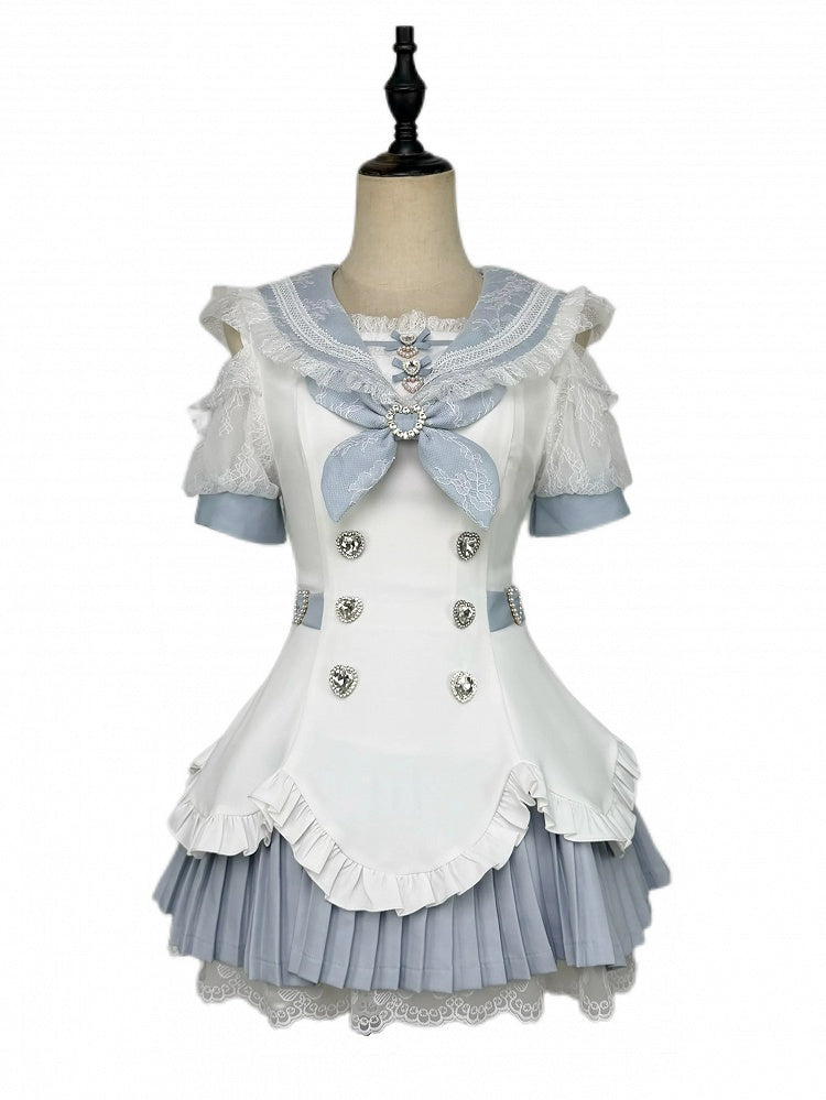 Landmine Style Blue and White Sailor Collar Cutout Shoulder Pleated Dress with Rhinestone Buttons Lace and Shorts - Broken Bear