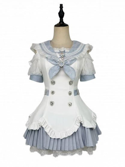 Landmine Style Blue and White Sailor Collar Cutout Shoulder Pleated Dress with Rhinestone Buttons Lace and Shorts - Broken Bear