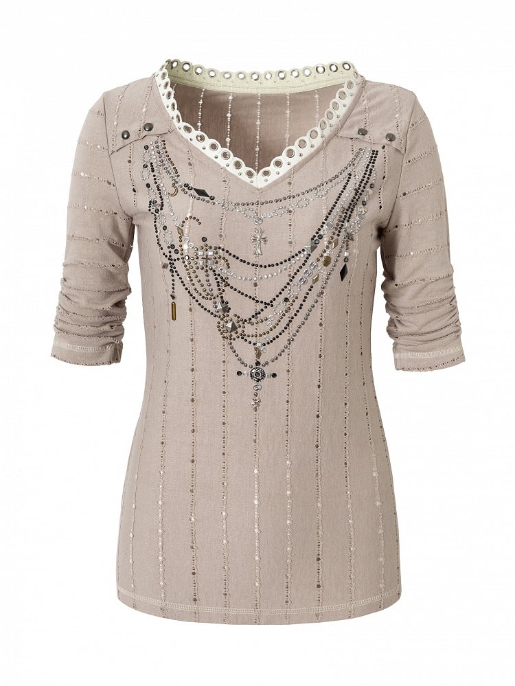 Muster Langer V-Ausschnitt Strass Gestreift Rosa/Blau Ärmel Punk Design Top Halskette Wasteland