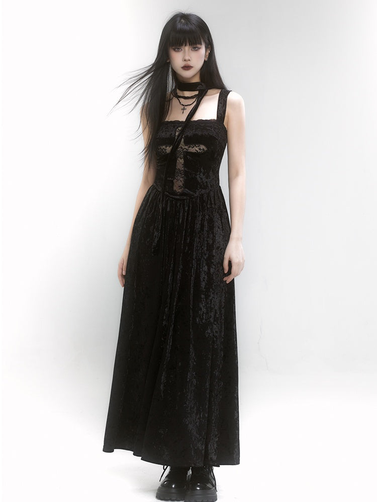 Gothic Black Velvet Square Neckline Lace Cross Dress