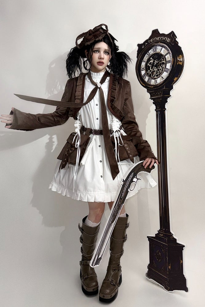 Steampunk Brown x Gothic Black Velvet Ruffle Heart Motif Cuff Cropped Jacket